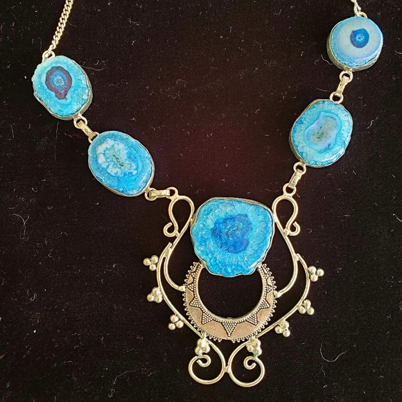 New Blue Solar Quartz Geode Agate 925 Silver Necklace. - Picture 1 of 7